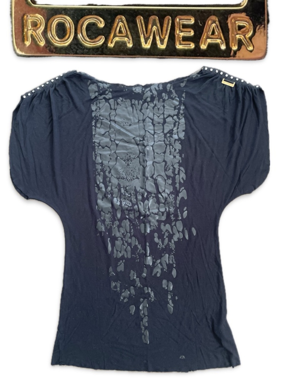 Rocawear Rhinestone Shoulder Top Boat Neck Raw Hem Y2K Black Medium 30.5